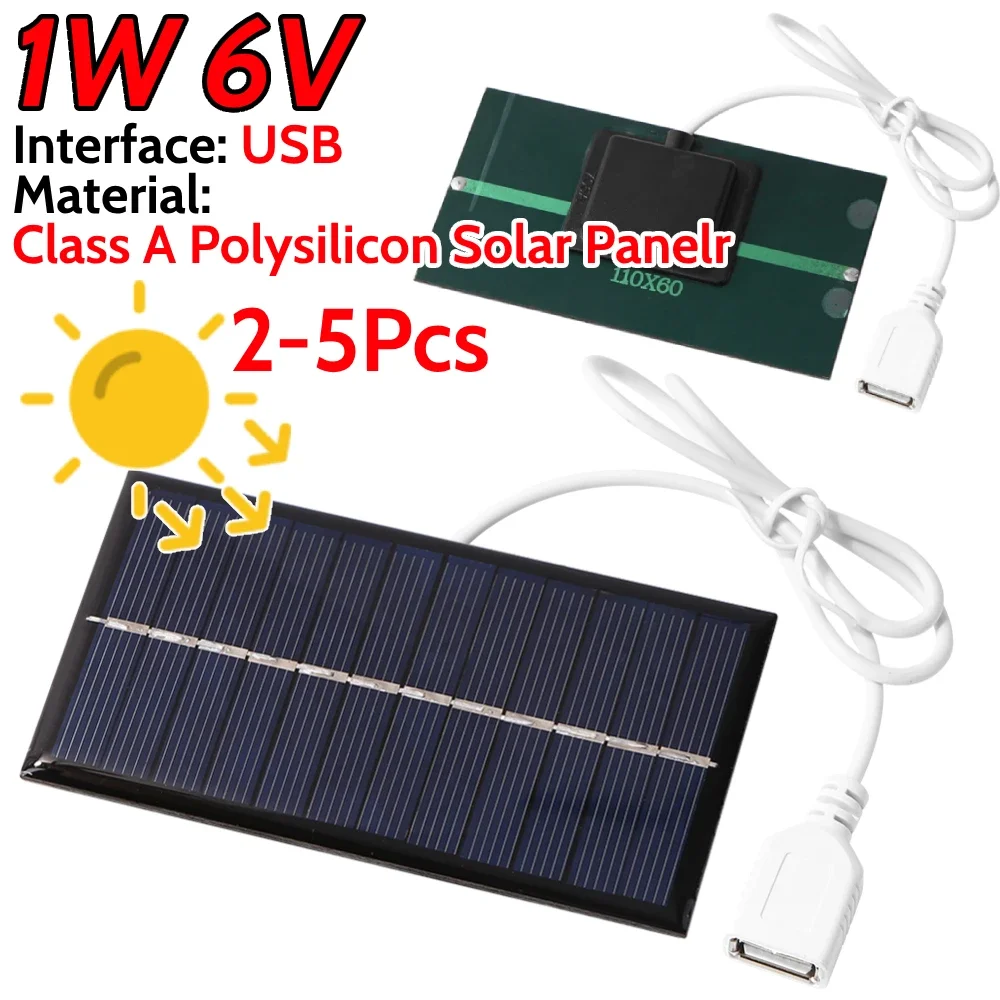 2-5Pcs Mini Solar Panel 1W 6V for Phone Power Bank Fan Cell Chargers DIY Solar System Polysilicon Solar Panel