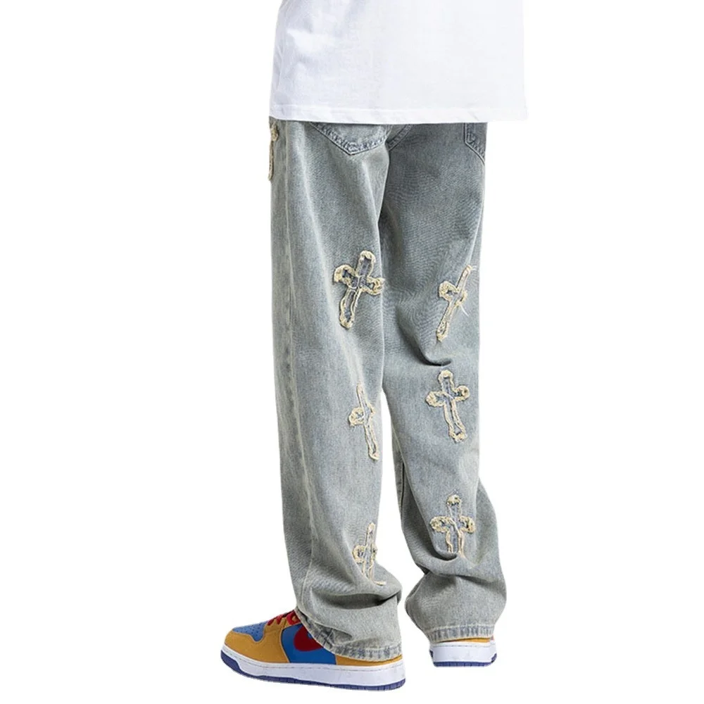 Y2K Men's jeans European and American high street cross embroidery hip-hop tide brand straight loose wide-leg pants ins hot sale