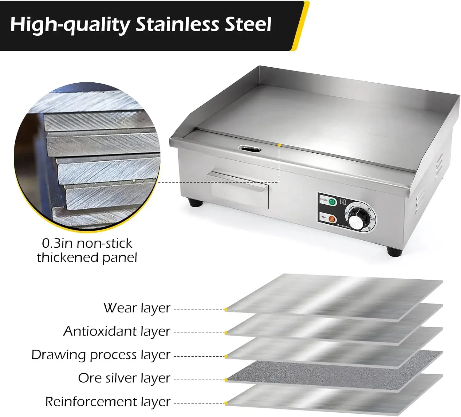 Commercial Electric Griddle 22'' Flat Top Grill Countertop Griddle 3000W 110V Stainless Steel Teppanyaki Grill Large Griddles fo 4