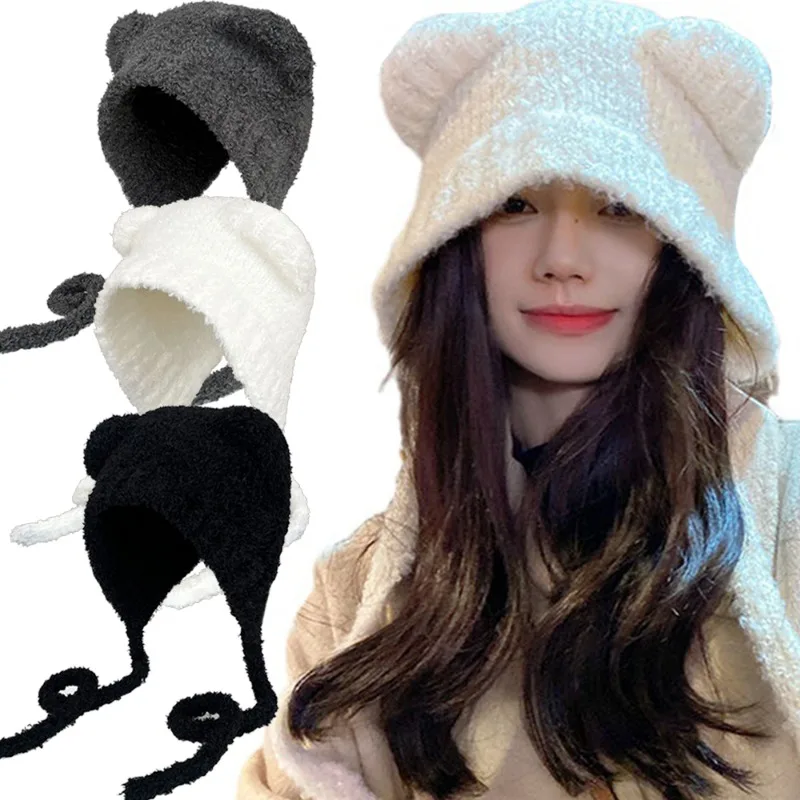 

Knit Bear Ear Wool Hats Autumn Winter Women Girl Solid Color Comfortable Warm Cap Cute Outdoor Daily Gatherings Cap Fashion Gift
