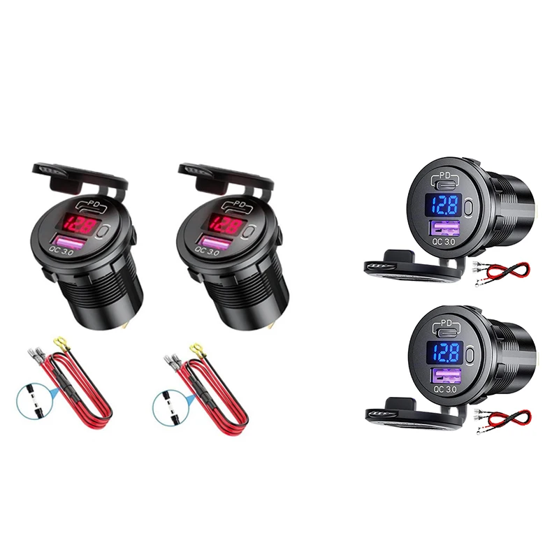 

2 Pack PD Type C 48W USB Car Charger Socket,QC 3.0 Quick Charger Outlet With Voltmeter And Switch For Boat Truck RV
