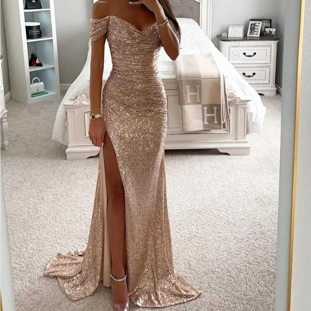 Sexy High Split Cocktail Vestidos Luxury Sequin Design Robe 2024 New Fashion Popular Slash Neck Slim Mermaid Evening Dresses