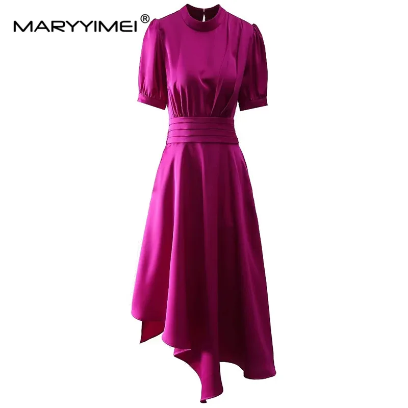

MARYYIMEI Fashion Designer spring Summer Women's Stand Collar Short-Sleeved Lace-UP Asymmetrical Wine Red Big Swing Dresses
