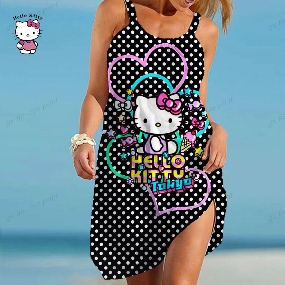 

Женское платье с принтом Hello Kitty, женское платье на бретельках, женский топ с 3D Цифровым принтом, летнее сексуальное пляжное платье без рукавов, 2023