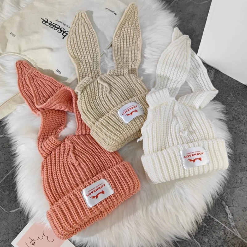 Rabbit Ears Knitted Woolen Hat Winter Thick and Warm Lambhair Ski Mask Beanie Hat for Women Balaclava Mask Beanies for Women 2