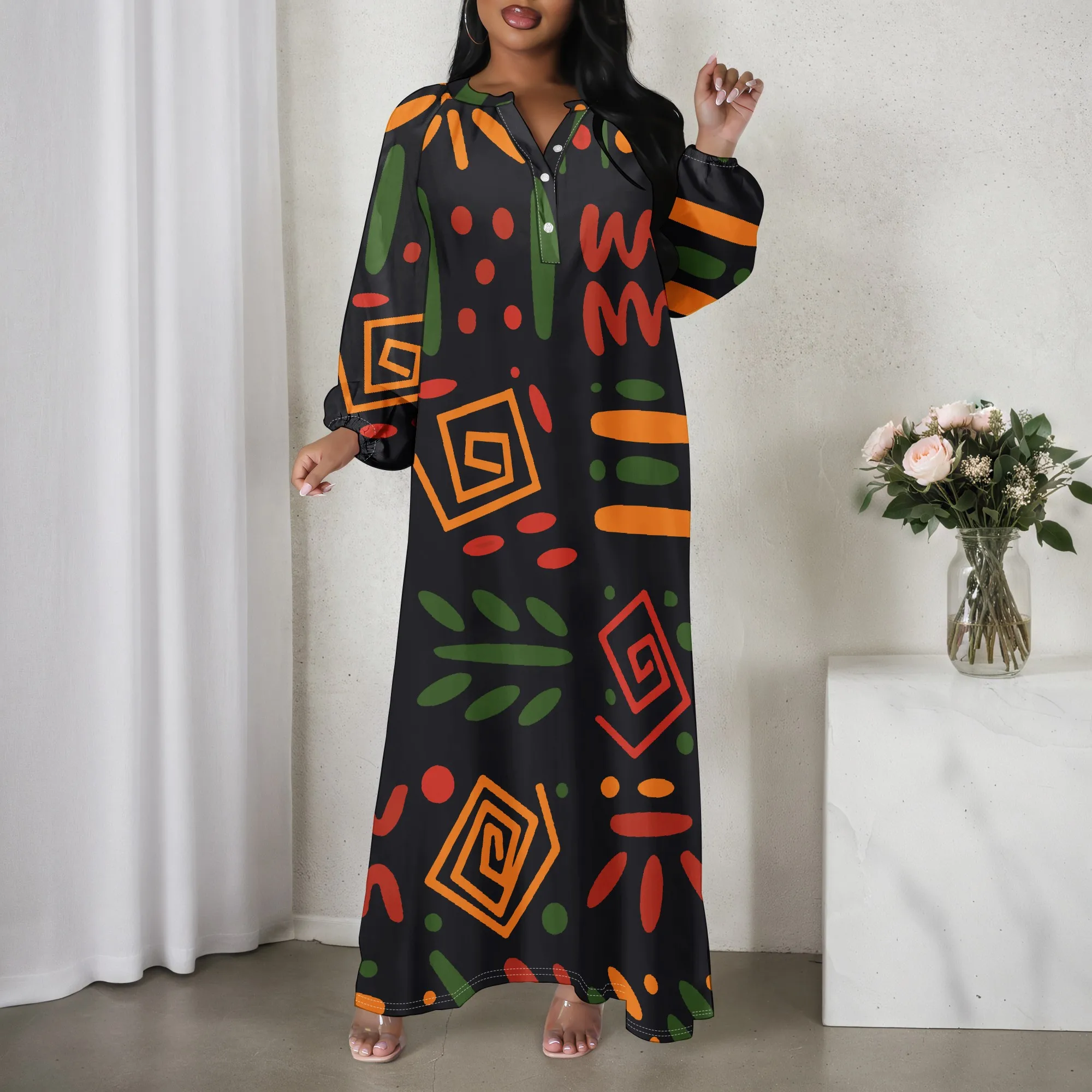Langärmliges, lockeres Damenkleid mit V-Ausschnitt, modisches, geometrisch bedrucktes, gestreiftes, bedrucktes 3D-Kleid