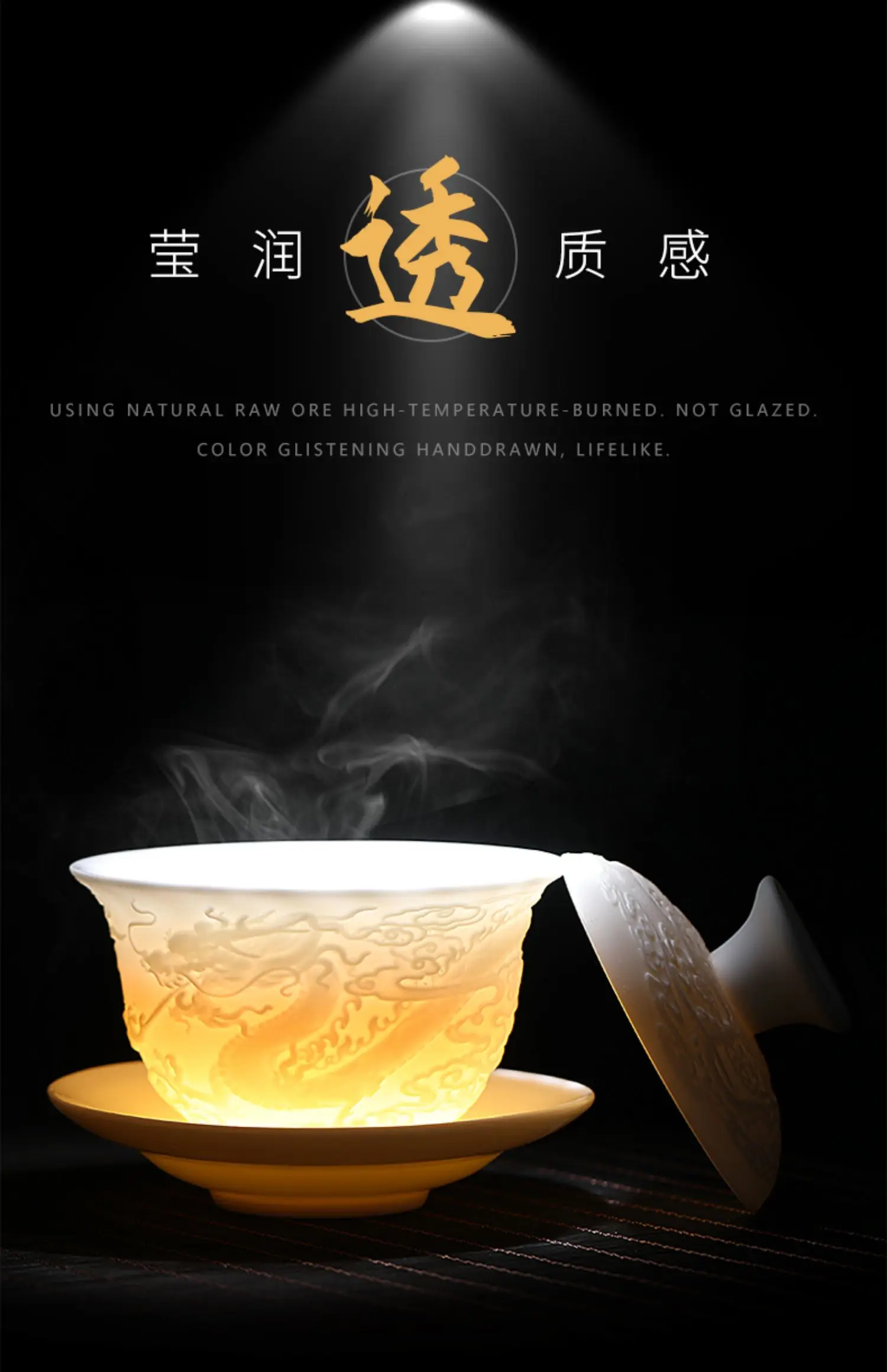 Description Picture 4 of itemWhite porcelain kung fu tea set mutton fat jade relief worship tea cup ceramic household three bowl large capacity tea bowl