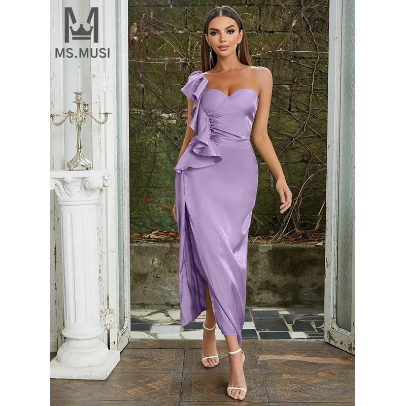 

MSMUSI 2024 New Fashion Women Sexy One Shoulder Slit Draped Fold Sleeveless Backless Bodycon Party Club Event Maxi Dress Gown