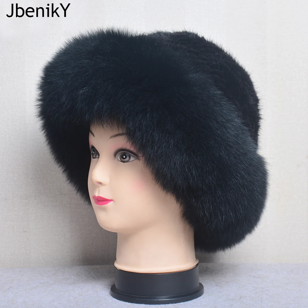 

New Luxury Women Handmade Knit Fashion Winter Headwear Warm Real Fox Fur Beanies Genuine Real Natural Knitted Mink Fur Hat Cap