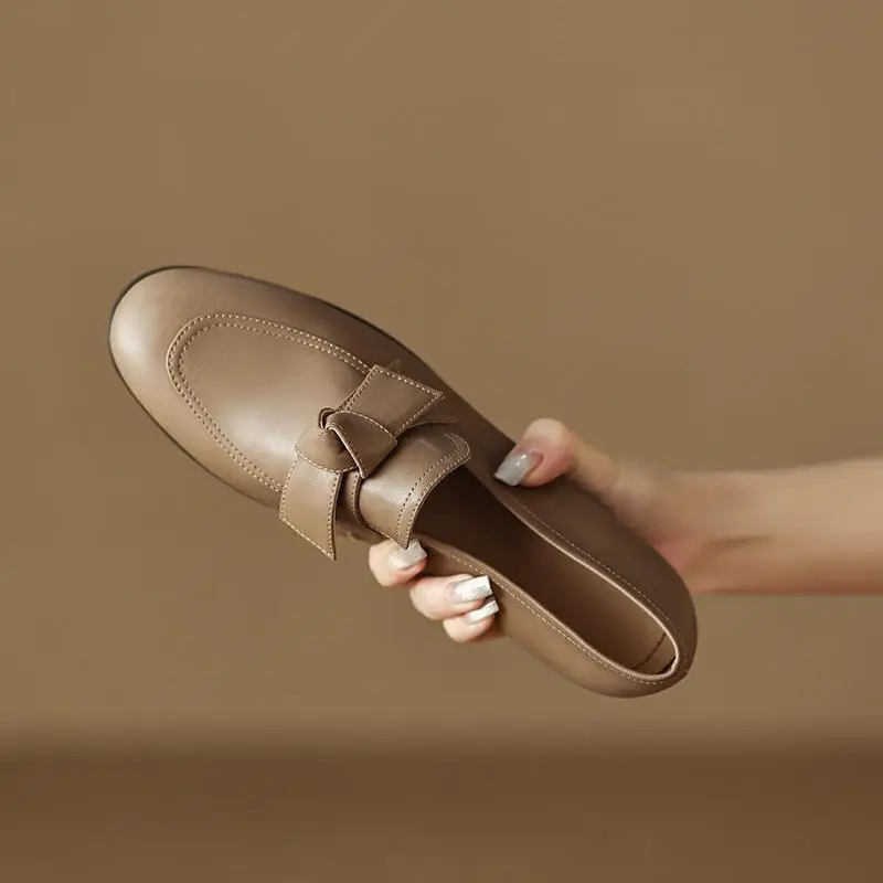 Sheepskin Korean Bow Lefu Shoes 2024 Spring/Summer New Round Head Comfortable Flat Bottom Deep Mouth Single Shoes for Women