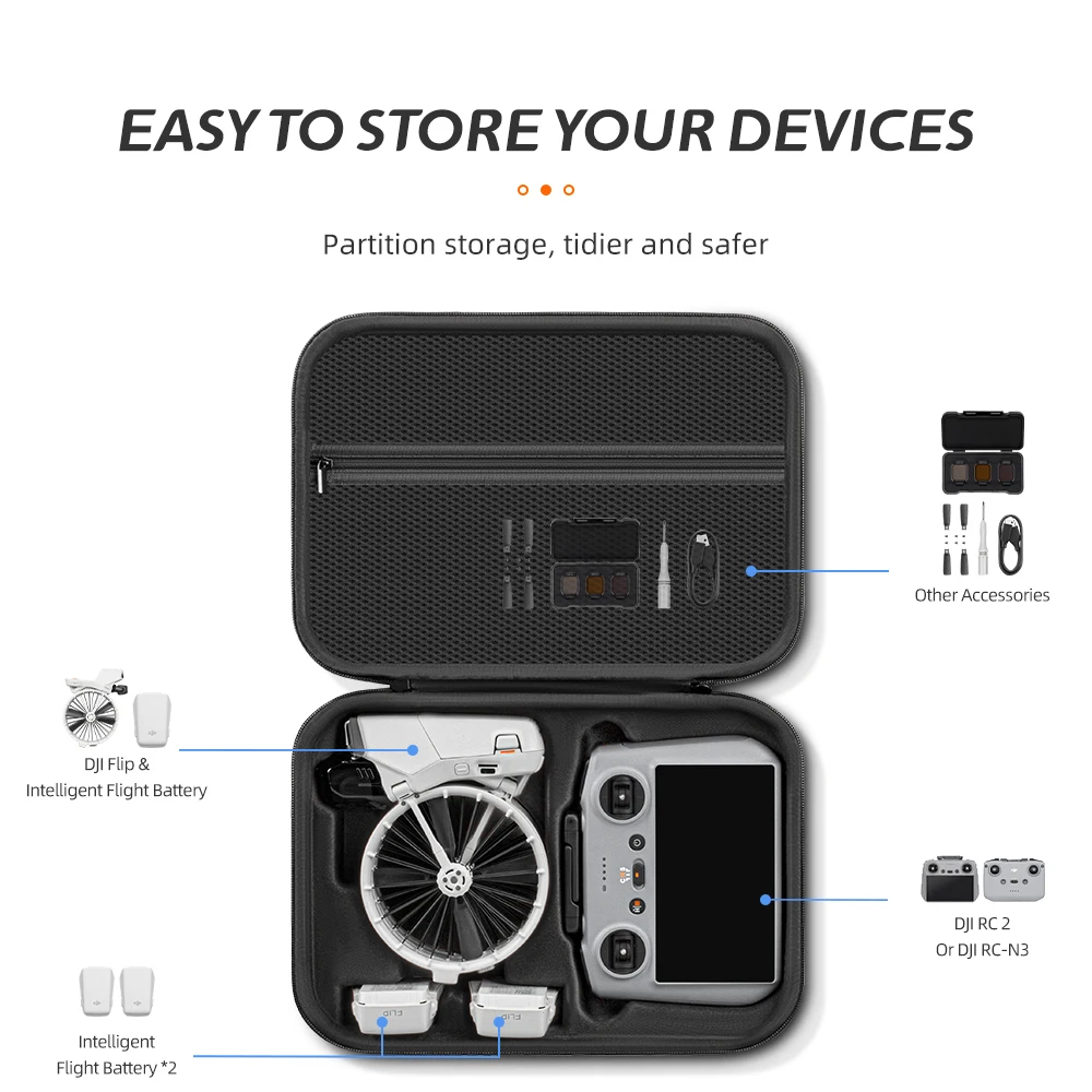 Sac de transport pour DJI Flip porté en bandoulière, étui noir compact et élégant, protection et praticité en déplacement.