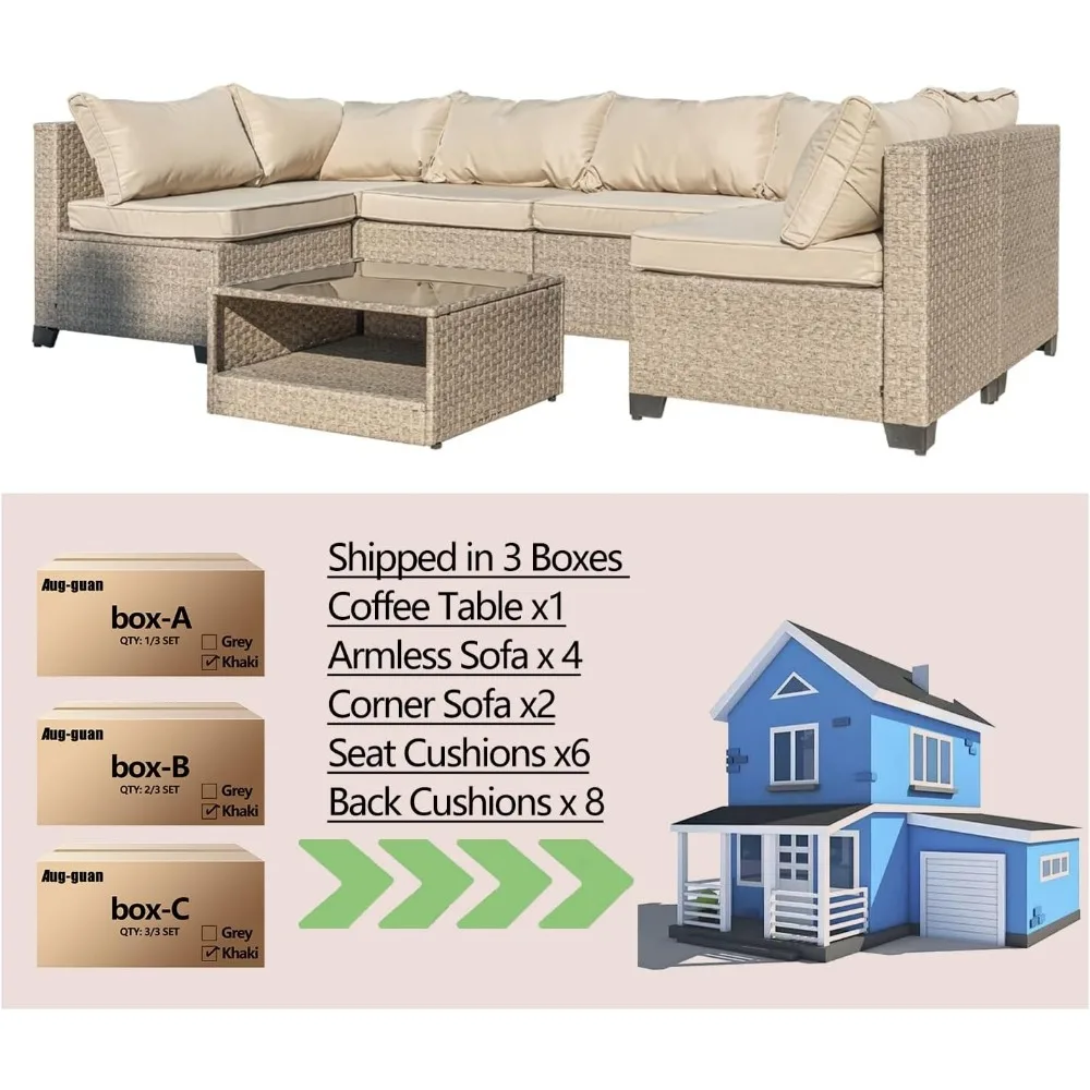 7-Piece Patio Furniture Set, All-Weather Outdoor Conversation Set Sectional Sofa with Water Resistant Khaki Thick Cushions and S 4