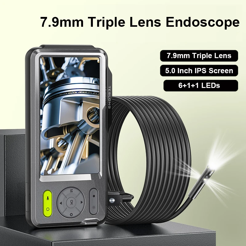 1080P Dual-Lens Endoscope,Borescope with 5 IPS Screen,5mm Ultra-Slim Inspection  Camera with 7 LED Lights,32GB Card,3500mAh Battery,Snake Camera with 16.5ft  Waterproof Cable,Portable Hard Case 