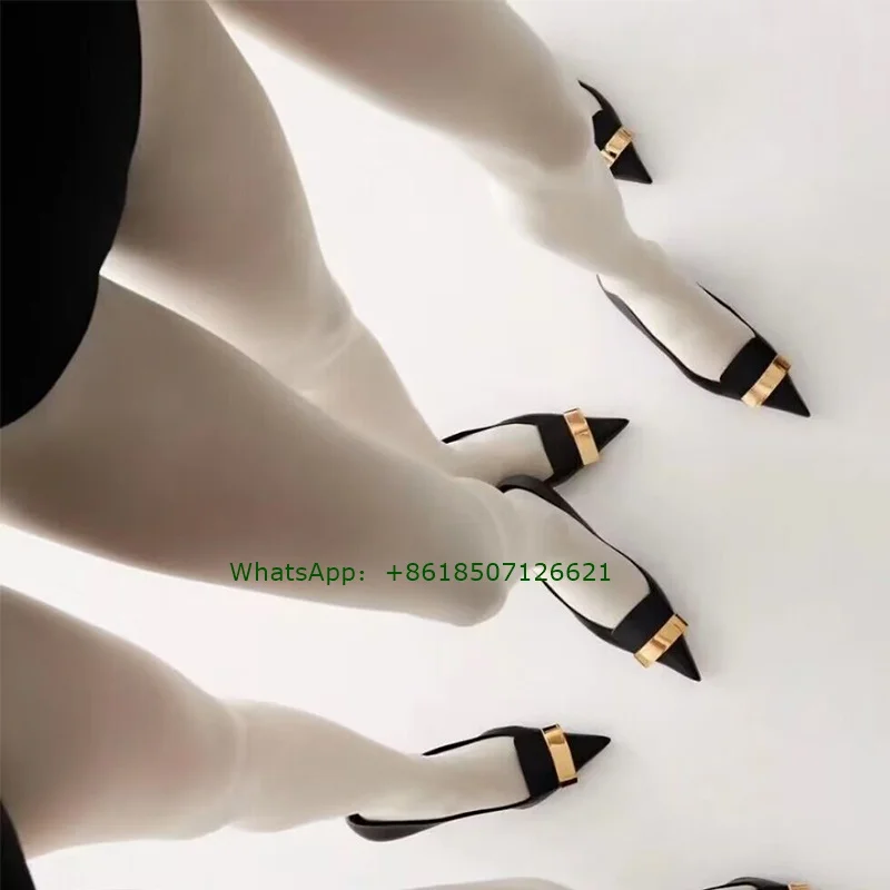 

Black Pointed Toe Leather Stiletto Heels Slingback Pumps For Women Shallow Metal Splicing Women High Heels