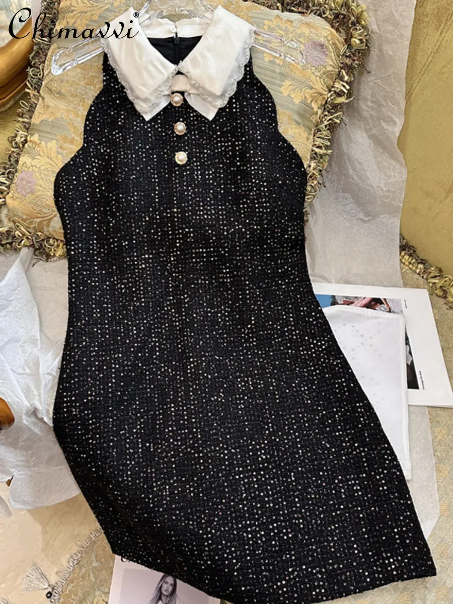 

Ladies New 2023 Spring High-End Doll Collar Sequined Tweed Dress High-End Temperament Slim Sleeveless Black Dress for Women