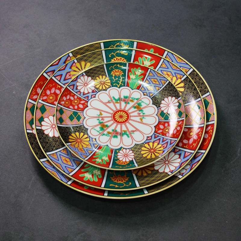 Ceramic Tableware Household Plate Retro Flower Texture Large Disc Sashimi Dessert Pastry Sushi Plate Restaurant Home Tableware