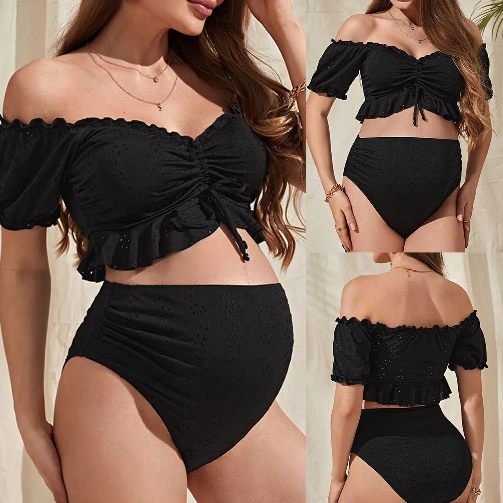Maternity Swimwear Bikini Set Tie Front Off Shoulder Two Piece Swimsuit Pregnant Women Bathers Summer Beach
