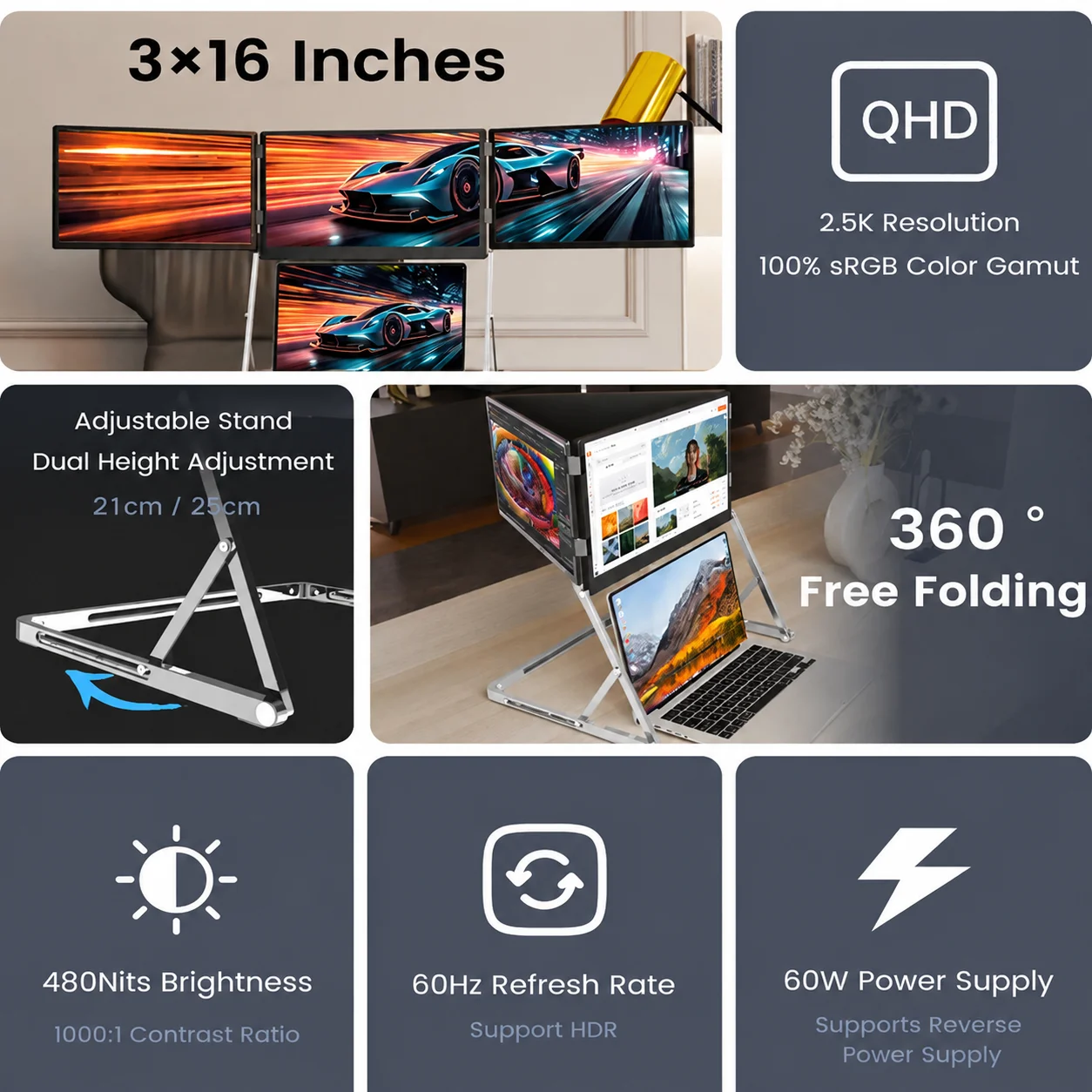 시볼란 16인치 2.5K 3화면 휴대용 모니터 60Hz 100% sRGB 360 °   노트북, 윈도우 및 맥오스용 접이식 외장 디스플레이