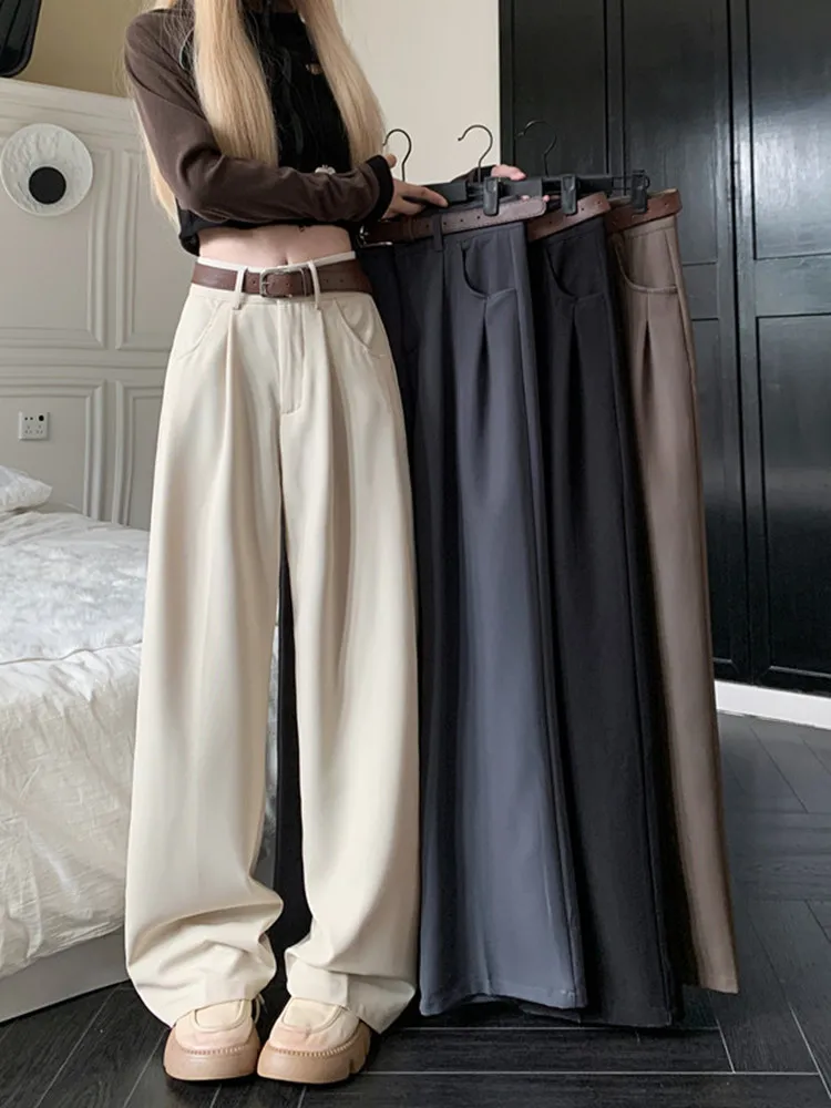 Gray Drape Suit Pants For Women In Autumn, High Waisted Loose Fitting Casual Pants With Straight Wide Leg Pants