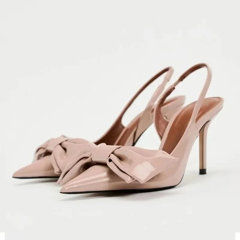 Women High Heels Bowknot High Heels Women Party Prom Shoes Patent Leather Stilettos Pointed Toe Summer Slingbacks Classic Design Ladies Sandals