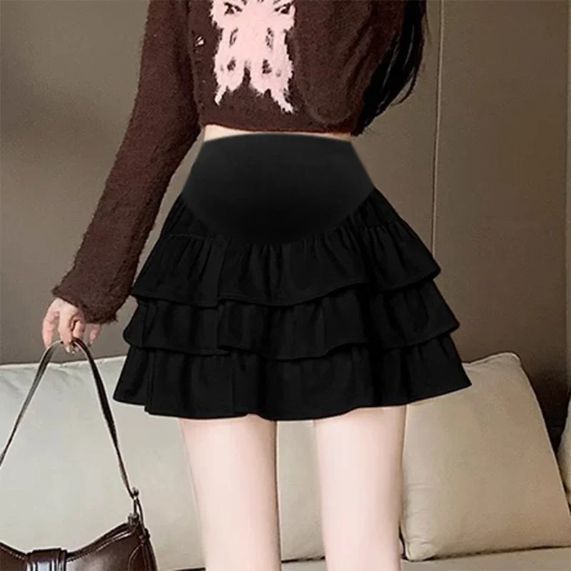 Autumn Winter Pregnant Woman Belly Skirts Sweet High Wiast Maternity Ball Gown Skirt Ruffls Patchwork Pregnancy Cake Skirts Cute