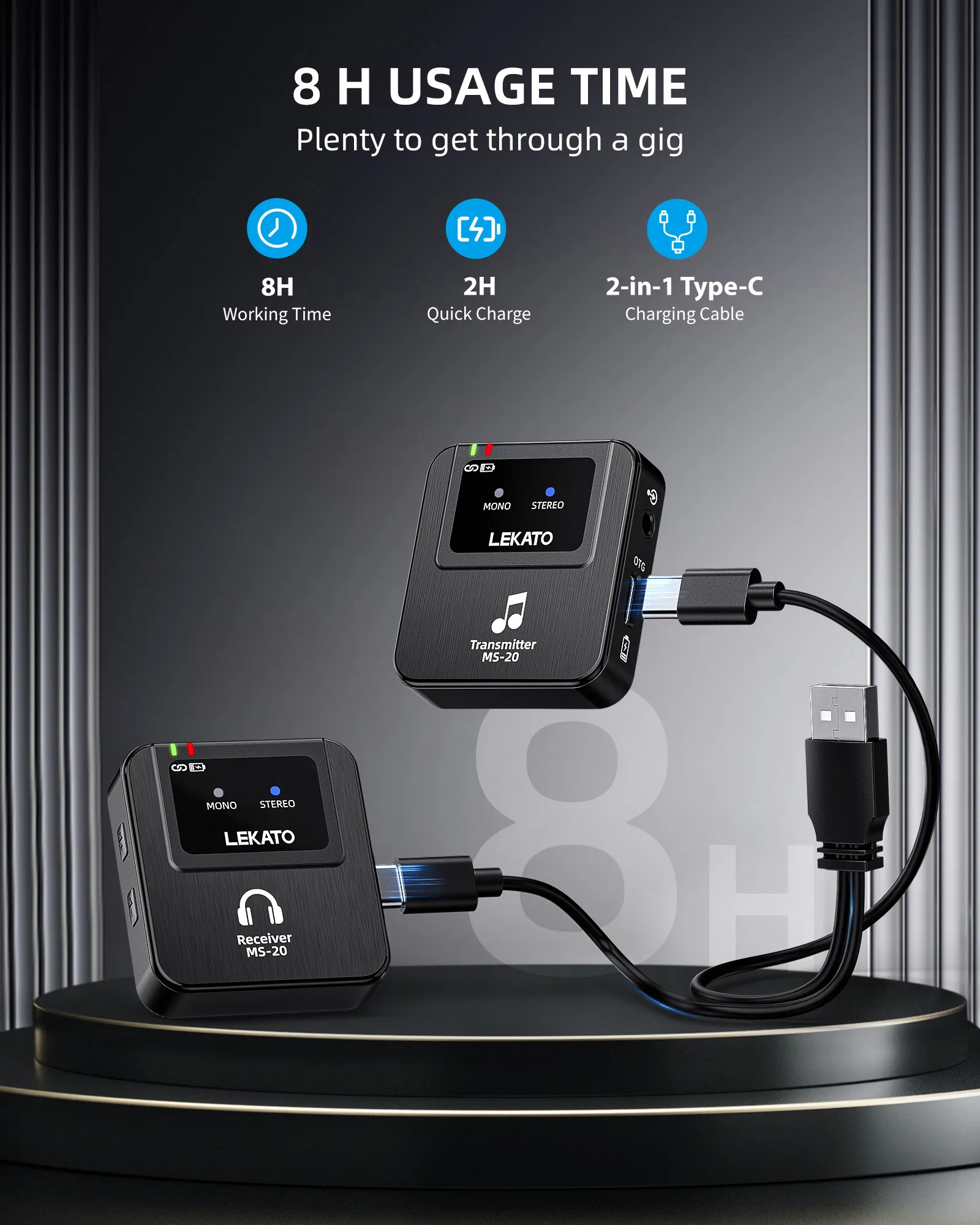 레카토 MS-20 무선 IEM 시스템, 저지연 벨트팩 송신기 및 라이브 스테이지 공연자 및 밴드를 위한 자동 페어링