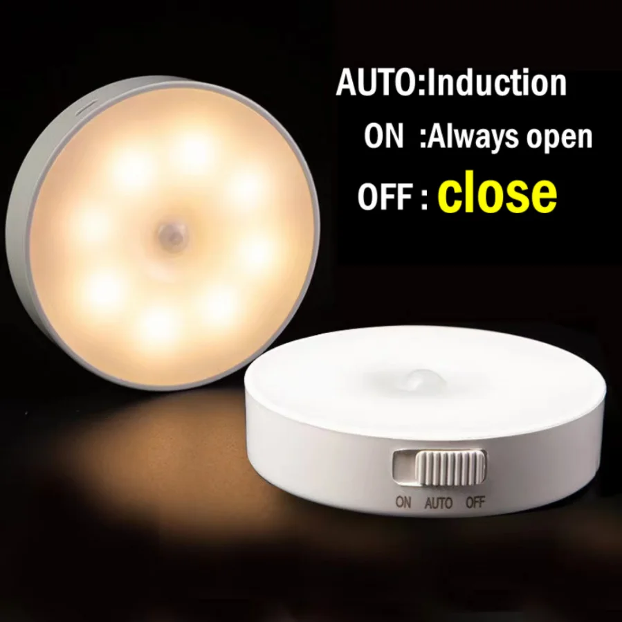 Motion Sensor Light Led USB NightLights Round Chargeable Lamp for Bedroom Kitchen Stair Hallway Wardrobe Lighting Cupboard 5