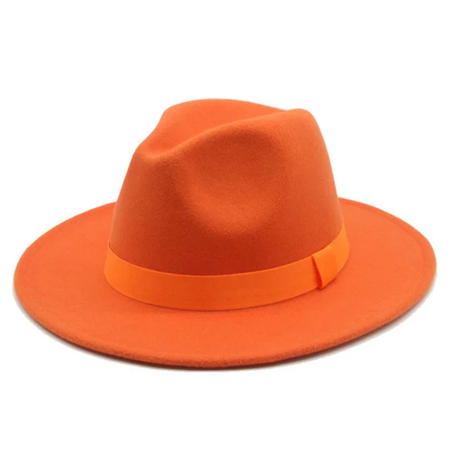 Fedora Hat Women Winter Hats for Women Ribbon Band Men's Hat Wide Brim Classic Beige Wedding Church Bowler New Cap chapeau femme Orange