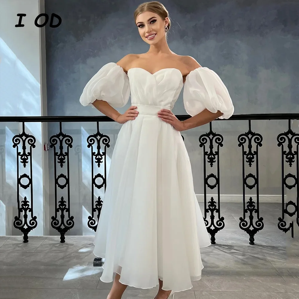 

I OD Simple Pleat Wedding Dress Puff Sleeves Sweetheart Lace Up Back Bridal Gown Tea Length Vestidos De Novia Custom Made New