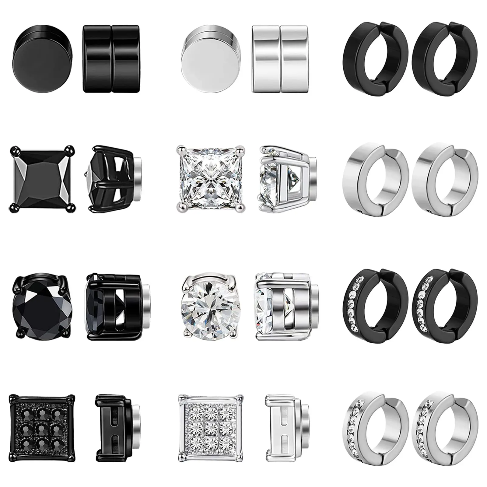 12 Pairs Stud Earrings for Men Stainless Steel Earrings Clip on Non Piercing