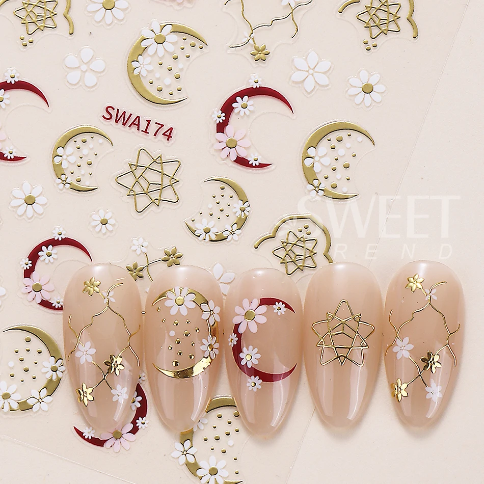 2pcs Metallic Florals Nail Stickers 3D Gold Rose Gold Moon Daisy Petals Simple Nail Decals Bohemia Manicure Decoration Sliders