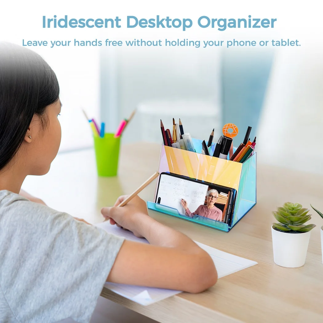 Acrylic Pen Holder Iridescent Desk Organizer Acrylic Storage Organizer Built-in Phone Holder For Pencil Cosmetics Makeup Brushes 6