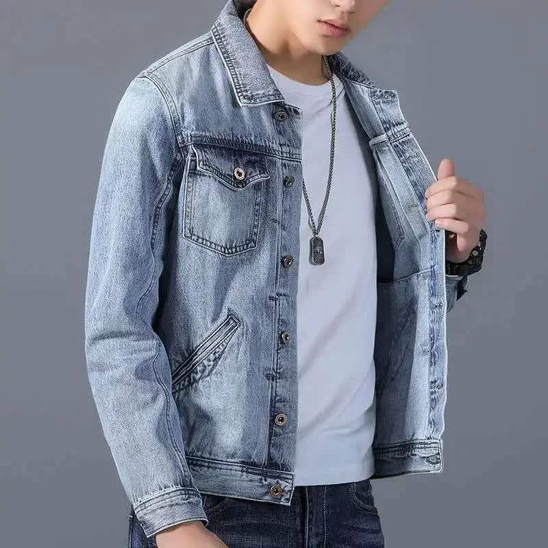 

Jeans Coat for Men Blue Button Denim Jackets Man Autumn Free Shipping G One Piece Branded Fashion Loose Lxury Large Size Trendy