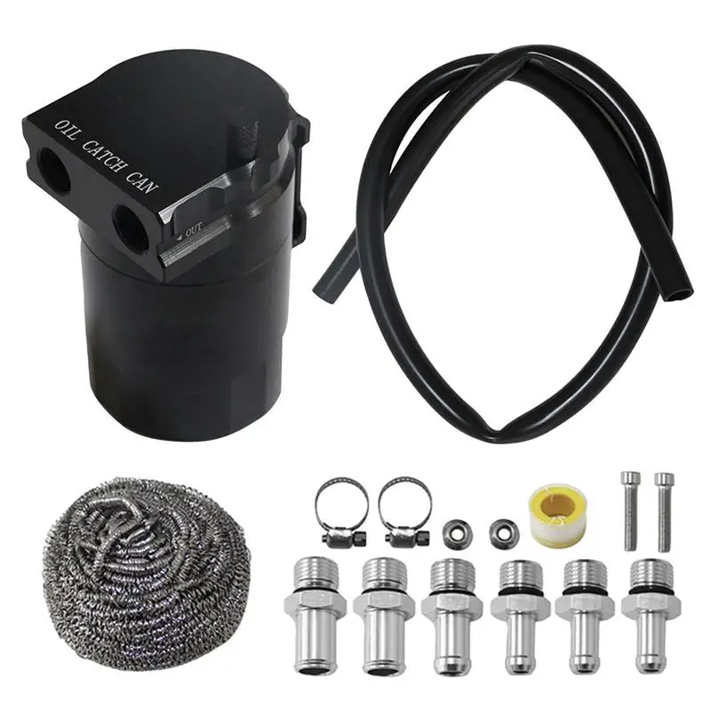 

Universal Racing Baffled Aluminum Oil Catch Can Tank 2-Port Reservoir With Drain Valve Breather Cylinder Filter Kit