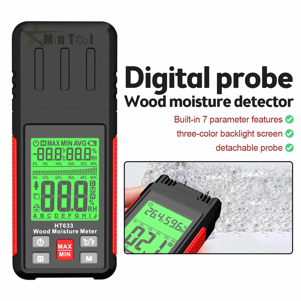 

HT633 Digital Wood Moisture Meter 0~57% Timber Hygrometer Tool LCD Display Timber Damp Detector Tool