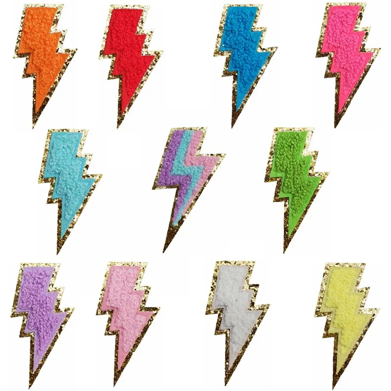10pcs Set Chenille Self-Adhesive Patches Shiny Glitter Base Lightning Star Rainbow Patch for Bags Hats Jackets Clothing