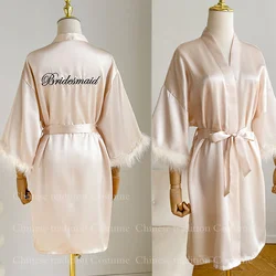 Elegant White Satin Bridal Robe with Feather Trim - Onesize (Champagne Bridesmaid)