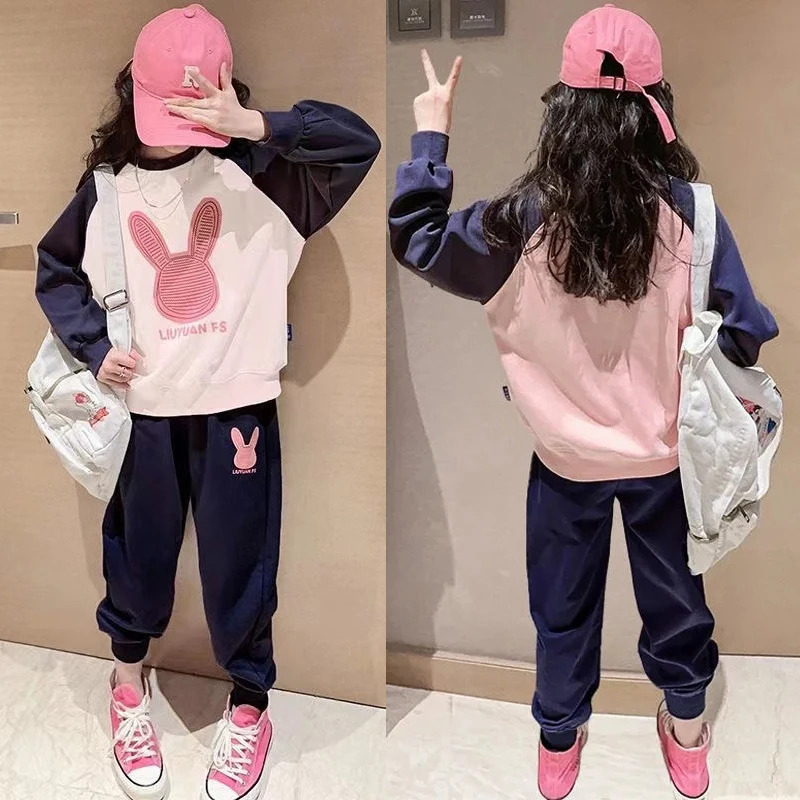 

4-14Y Teen-agers Girls Clothing Set 2024 Spring Autumn Cartoon Rabbit Pattern Sports Sweatshirt+Pants 2Pcs For Kids Casual Suit