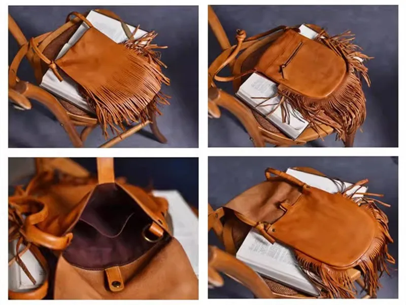 Fashion luxury designer top cowhide ladies tassel bag outdoor work shopping brown genuine leather girl shoulder crossbody bag