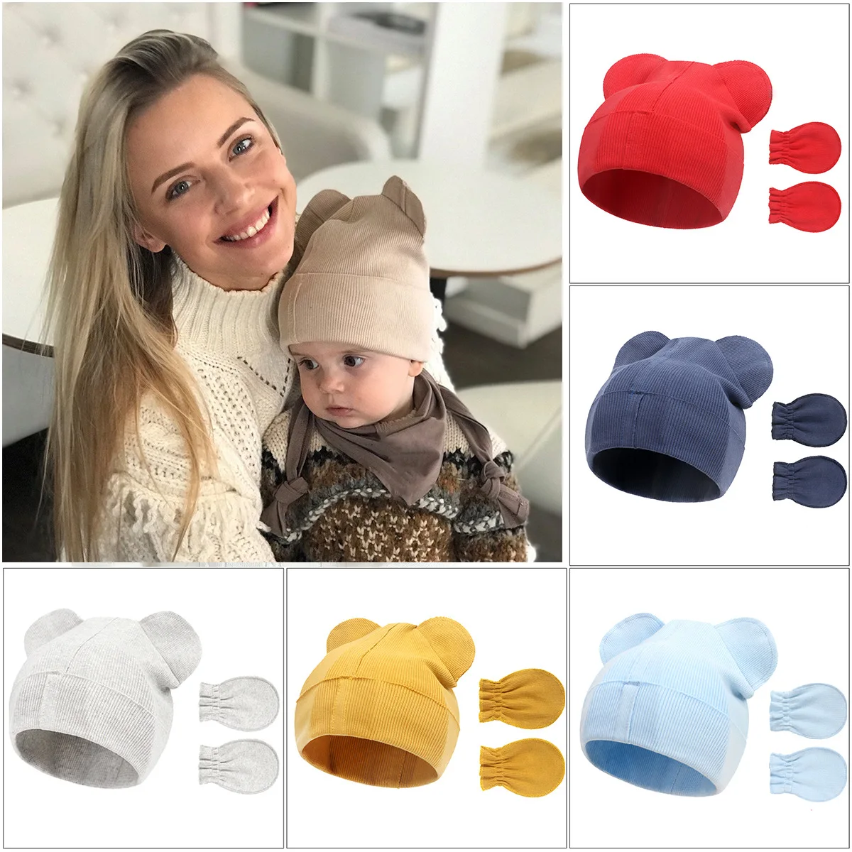 

Cute Baby Hat Newborn Bonnet Gloves Socks Set Beanie Hats Ear Shape New Born Gift Photography Props Infant Fashion Accessories