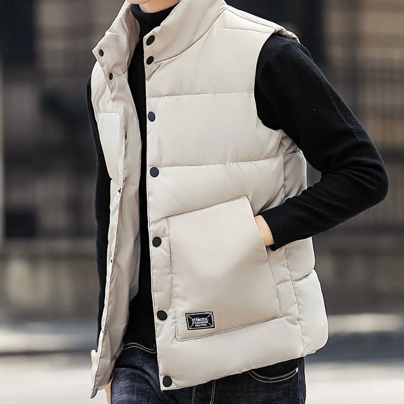 Four Colors Down Cotton Vest Stand Collar Single Breasted Pockets Men's Clothing Keep Warm Letter Embroidery Label Plus Size