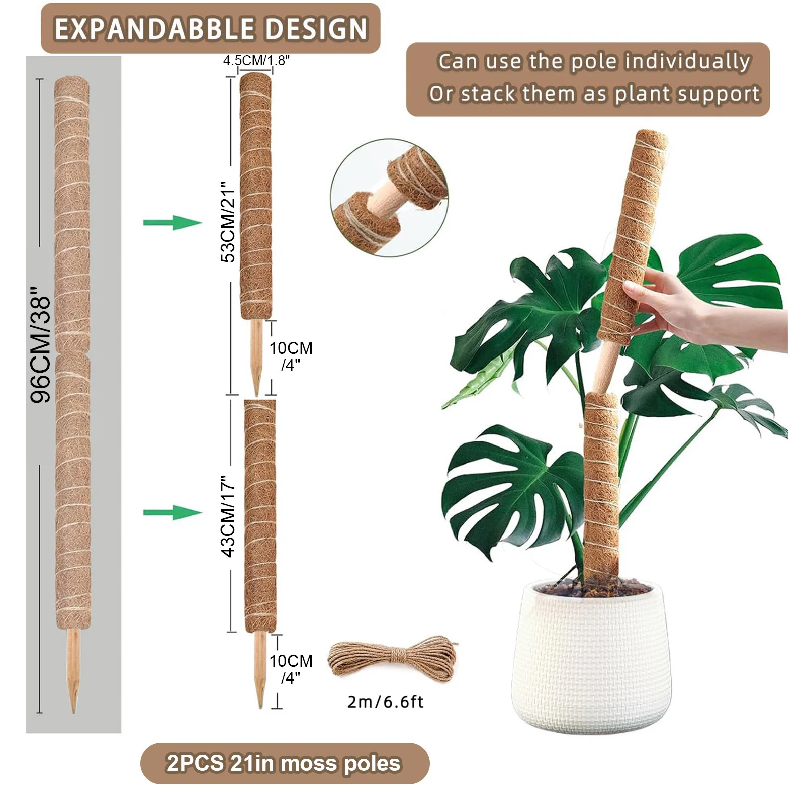 Moss Pole 38/43/53CM Monstera Plant Support Stackable Moss Poles for Plants Coir Totem Pole Tall for Climbing Plants