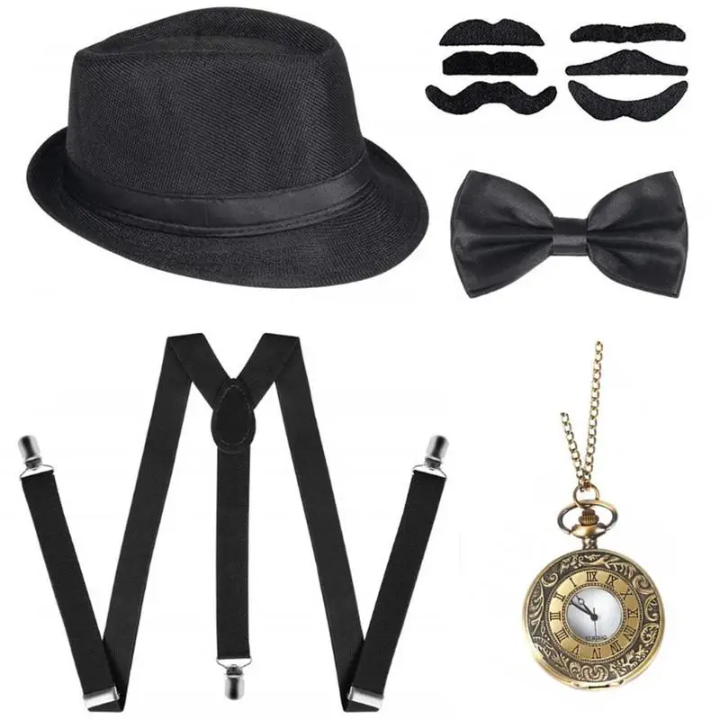 Mens 1920s Great Gatsby Party Cosplay Costume Suit Men Gangster Party Props  Hat Cigar Suspender Pocket Watch Accessories Set - AliExpress