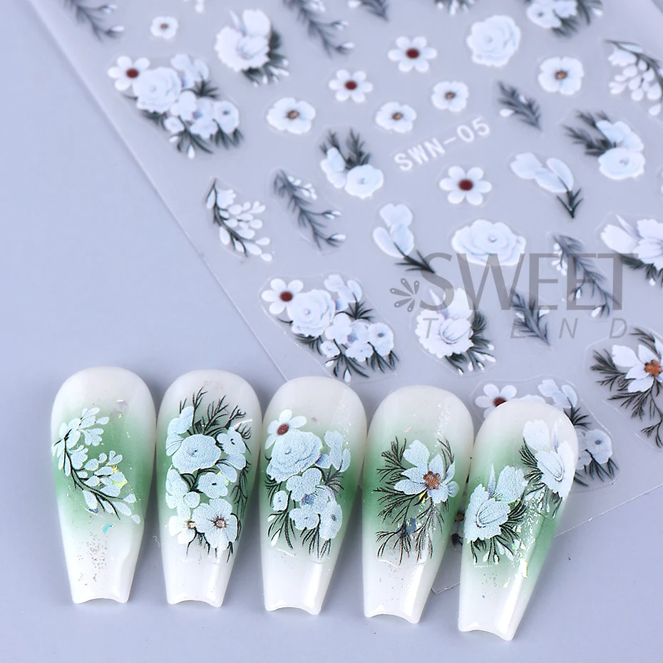 5D Embossed White Flower Nail Stickers Elegant Lace Rose Floral Petals Leaves DIY Self-Adhesive Decal Slider Manicure Decoration 6