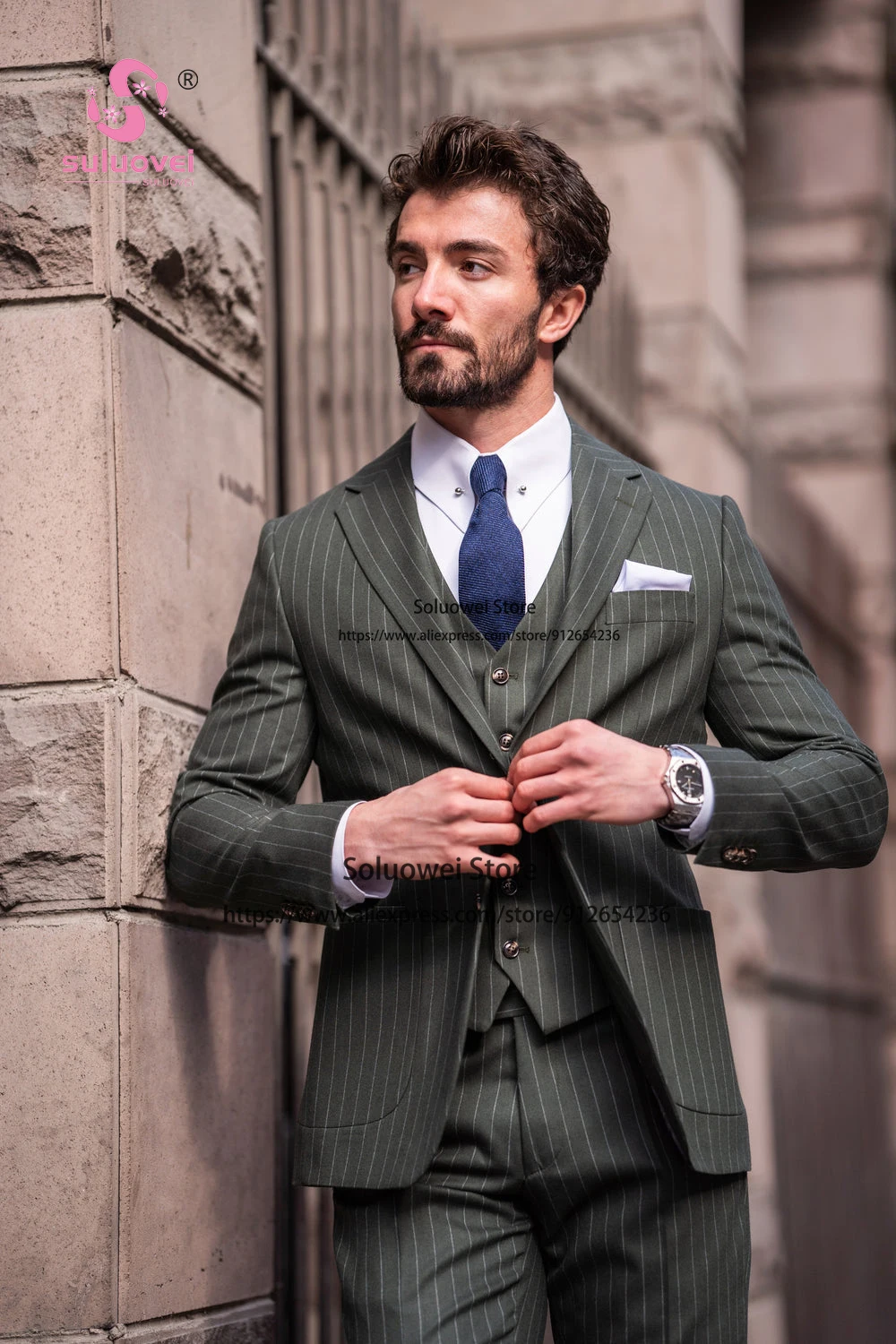 Fashion Green Striped Suits For Men Slim Fit Bsuiness 3 Piece Pants Set Groom Wedding Party Prom Tuxedo Terno Masculino Completo