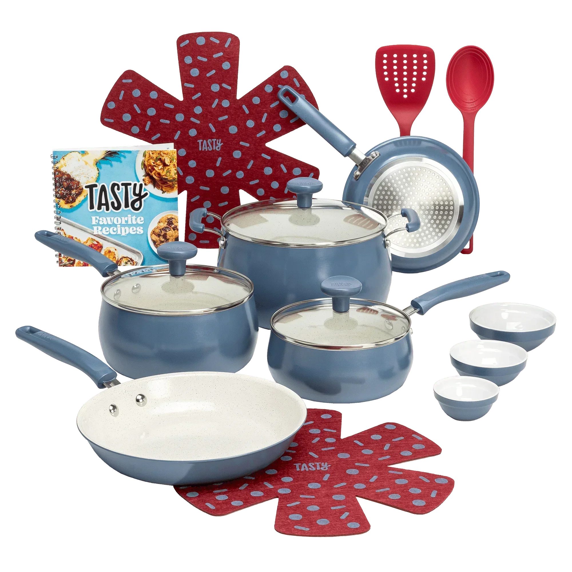 

Tasty Clean Ceramic 16 Piece Non-Stick Aluminum Cookware Set, Slate Blue cooking pots set