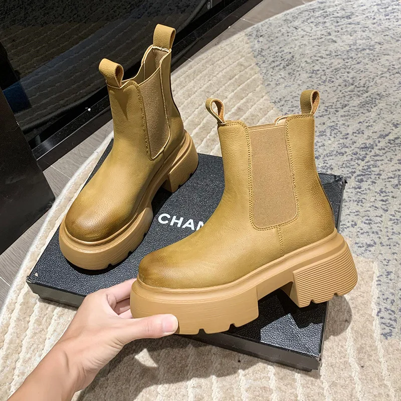 

Женские ботинки, ботинки с круглым носком, женские ботинки челси на низком каблуке в стиле «лолита», Осенние однотонные ботильоны в римском стиле из искусственной кожи без застежек, 2023