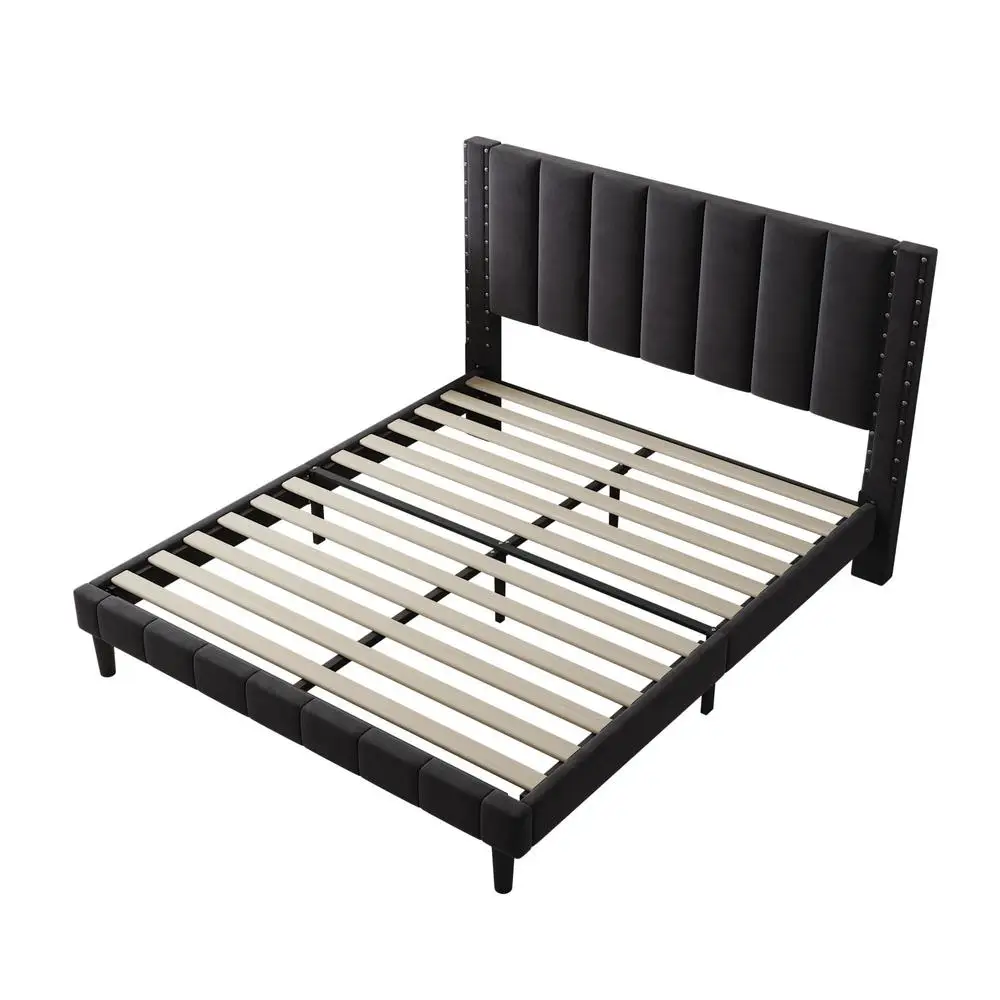 Upholstered Platform Bed Frame Full Size Heavy Duty Metal Wood Slats with Rivet Decor Vertical Channel Headboard No Box Spring 4