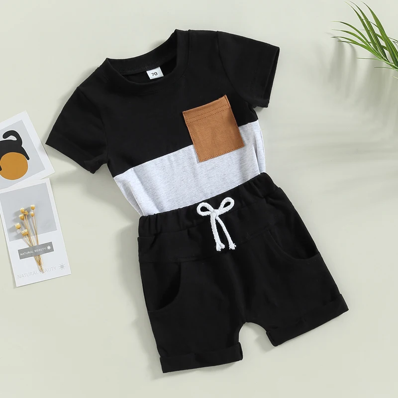 2023-02-01 Lioraitiin 0-3Years Toddler Boys 2Pcs Summer Outfit Sets Short Sleeve Contrast Color Tops Solid Drawstring Shorts