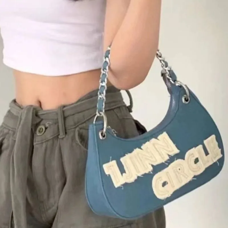 JIAERDI Hot Girl White Letter Canvas Bag Women Sweet Cool Chain Chic Shoulder Bags Ladies Fashion Casual Underarm Crossbody Bag